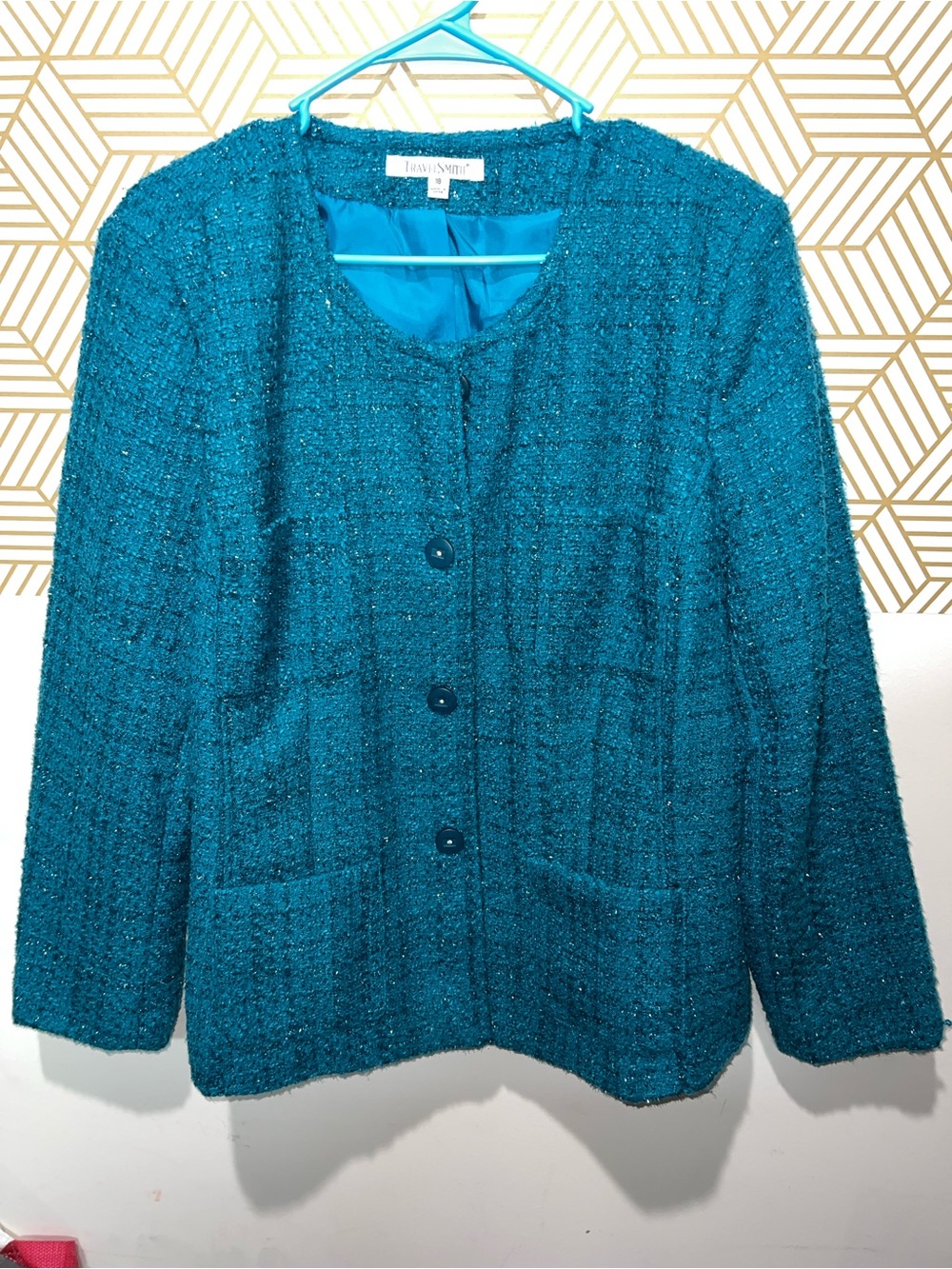 TravelSmith Teal Tweed Button-Front Blazer Jacket